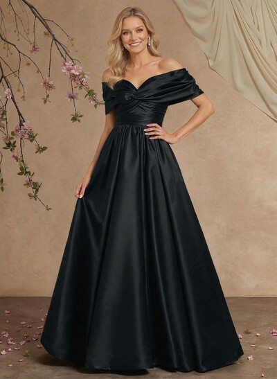 A-Line Off-The-Shoulder Sleeveless Floor-Length Satin Evening Dresses With Pleated