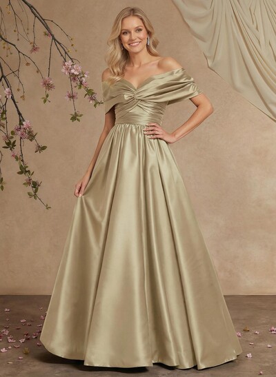 A-Line Off-The-Shoulder Sleeveless Floor-Length Satin Evening Dresses With Pleated
