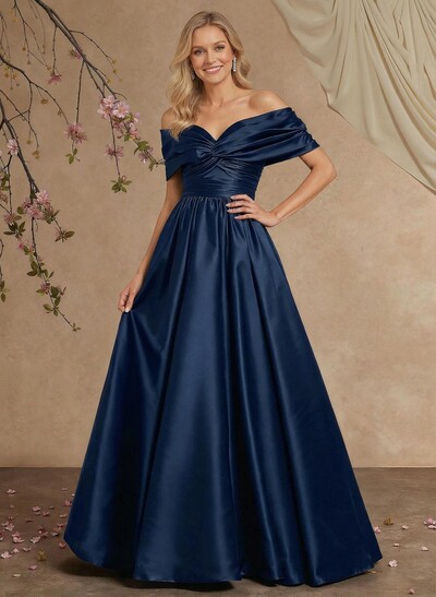 A-Line Off-The-Shoulder Sleeveless Floor-Length Satin Evening Dresses With Pleated