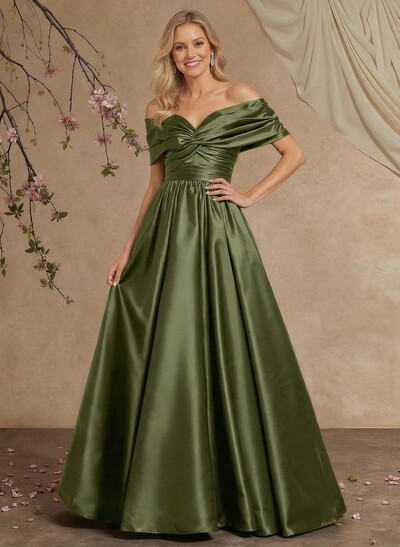 A-Line Off-The-Shoulder Sleeveless Floor-Length Satin Evening Dresses With Pleated