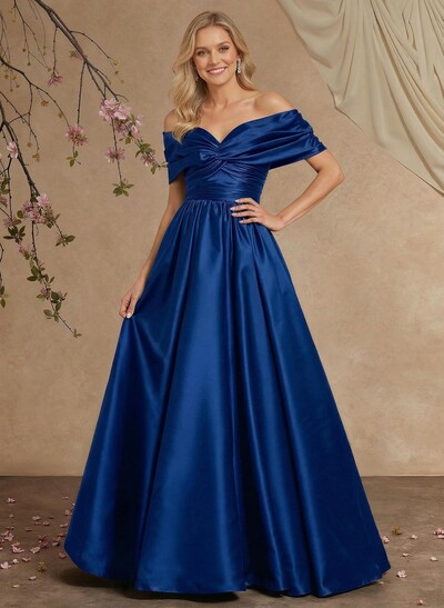 A-Line Off-The-Shoulder Sleeveless Floor-Length Satin Evening Dresses With Pleated