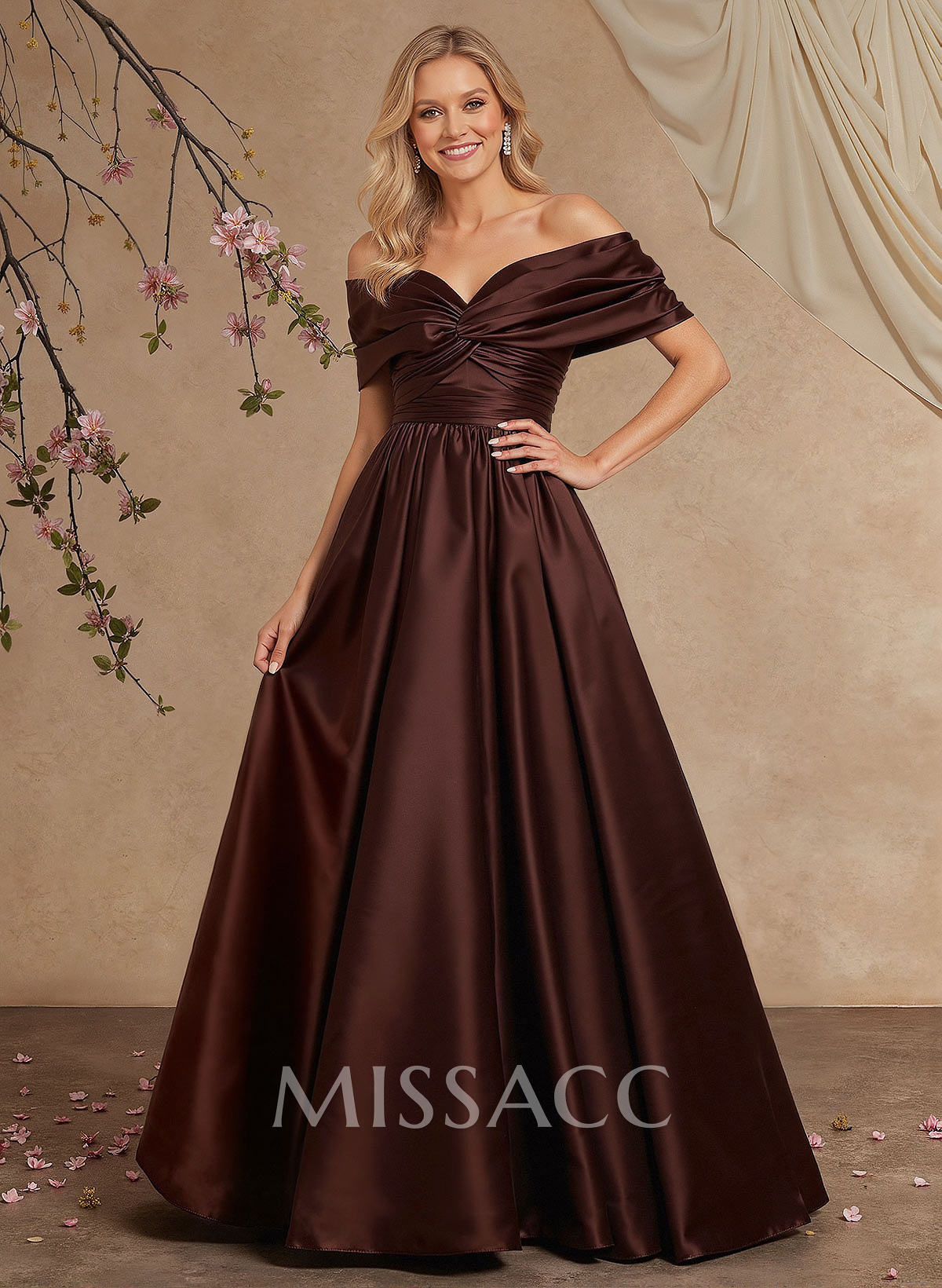 A-Line Off-The-Shoulder Sleeveless Floor-Length Satin Evening Dresses With Pleated