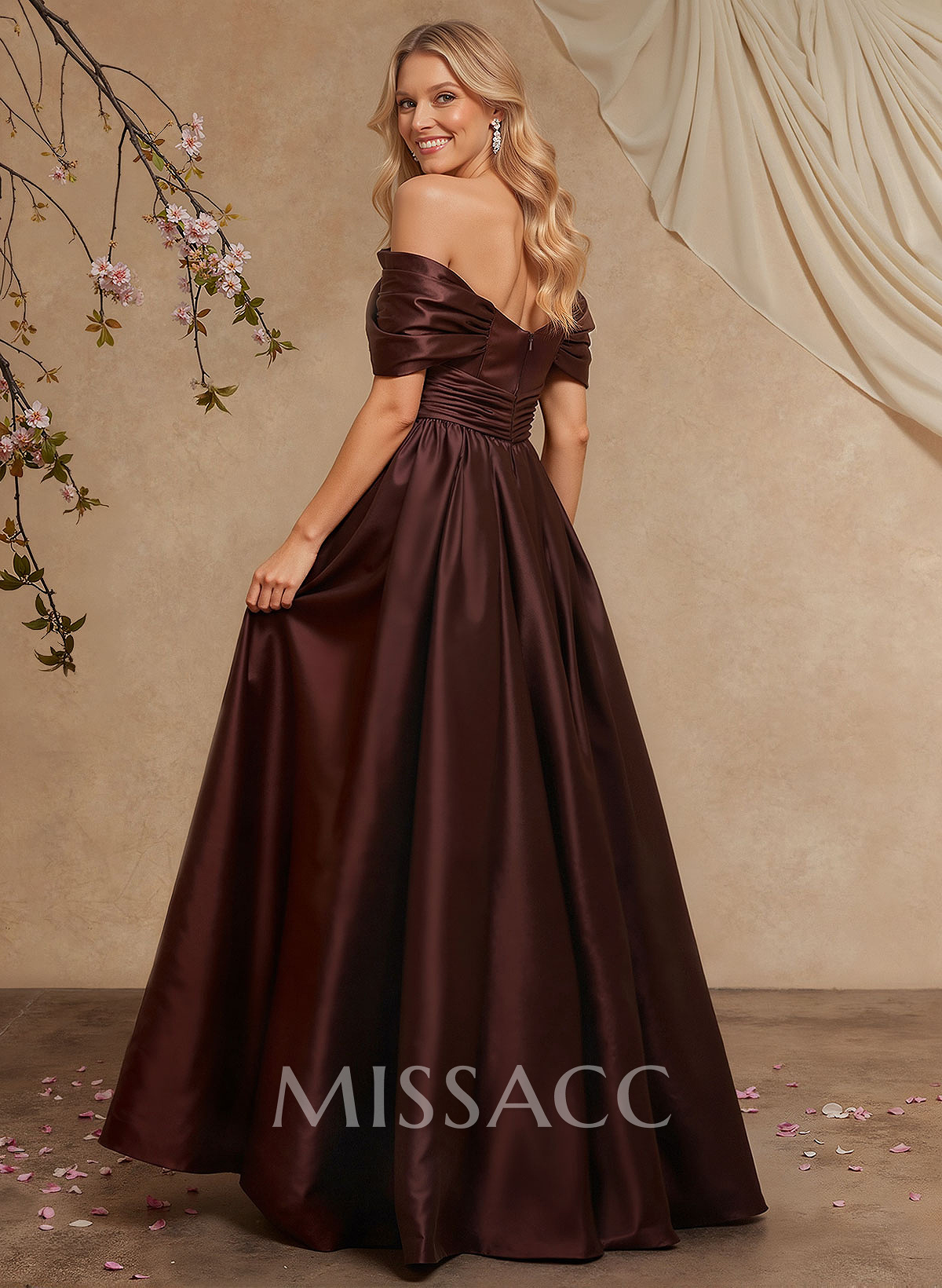 A-Line Off-The-Shoulder Sleeveless Floor-Length Satin Evening Dresses With Pleated