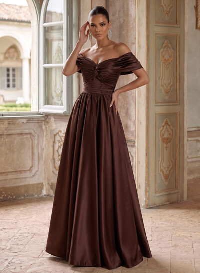 A-Line Off-The-Shoulder Sleeveless Floor-Length Satin Evening Dresses With Pleated