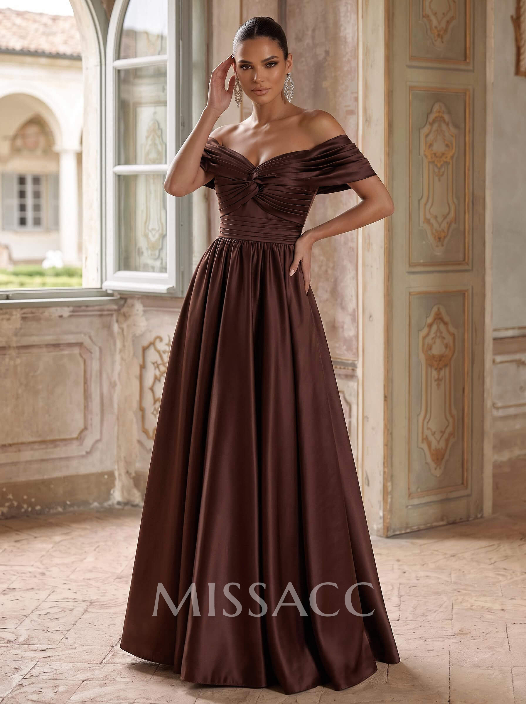 A-Line Off-The-Shoulder Sleeveless Floor-Length Satin Evening Dresses With Pleated