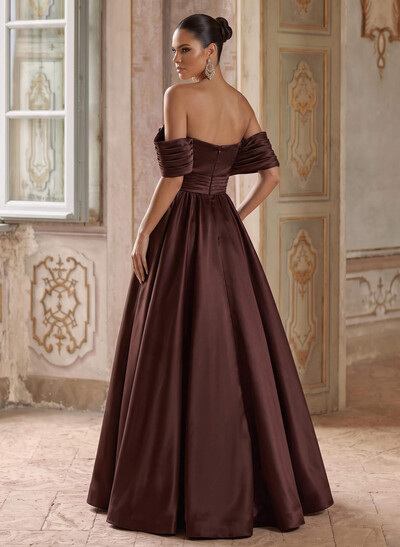 A-Line Off-The-Shoulder Sleeveless Floor-Length Satin Evening Dresses With Pleated