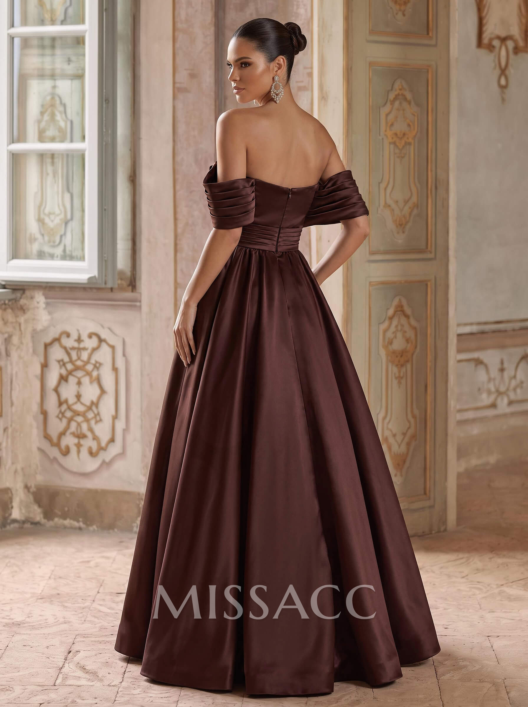 A-Line Off-The-Shoulder Sleeveless Floor-Length Satin Evening Dresses With Pleated