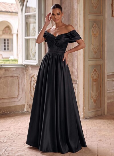 A-Line Off-The-Shoulder Sleeveless Floor-Length Satin Evening Dresses With Pleated