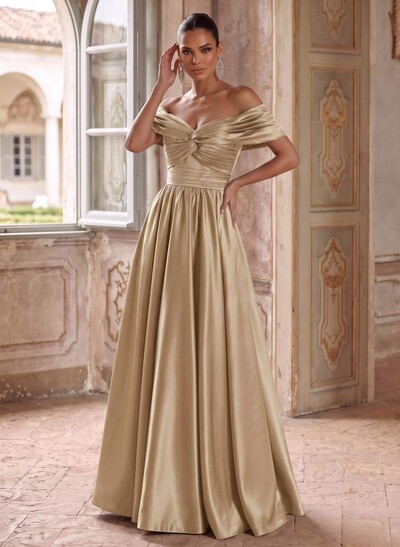 A-Line Off-The-Shoulder Sleeveless Floor-Length Satin Evening Dresses With Pleated