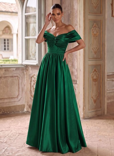 A-Line Off-The-Shoulder Sleeveless Floor-Length Satin Evening Dresses With Pleated