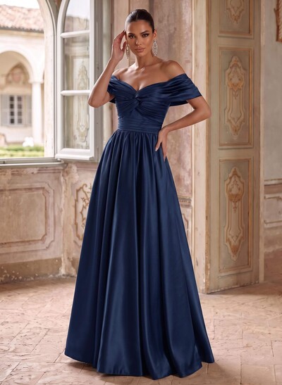 A-Line Off-The-Shoulder Sleeveless Floor-Length Satin Evening Dresses With Pleated