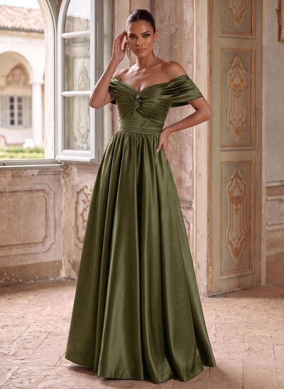 A-Line Off-The-Shoulder Sleeveless Floor-Length Satin Evening Dresses With Pleated