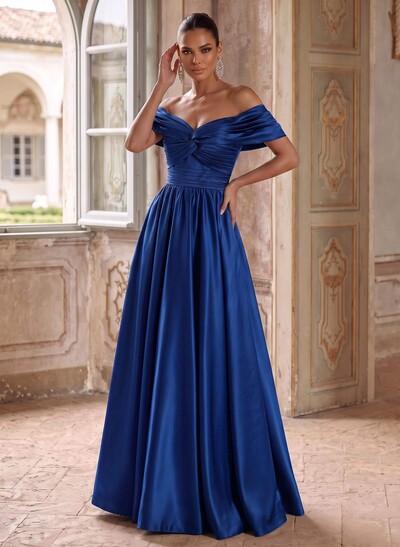 A-Line Off-The-Shoulder Sleeveless Floor-Length Satin Evening Dresses With Pleated