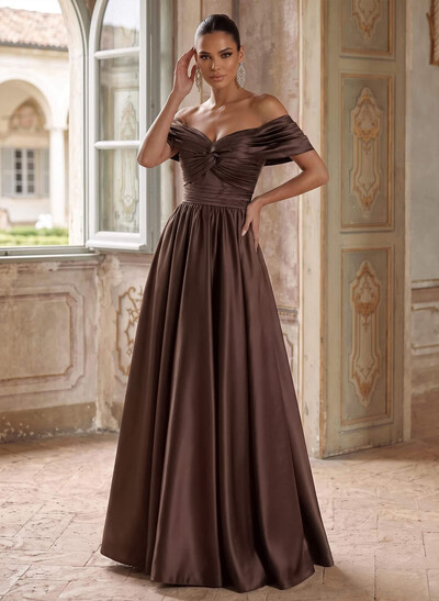 A-Line Off-The-Shoulder Sleeveless Floor-Length Satin Evening Dresses With Pleated