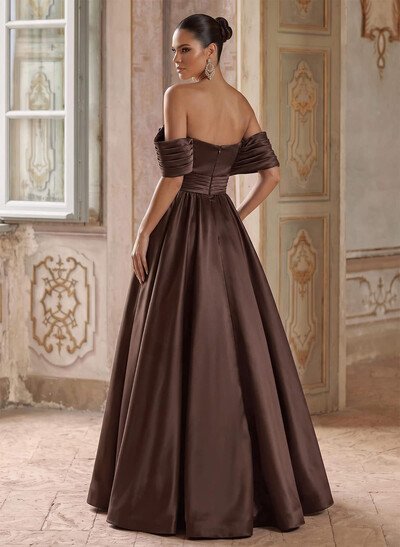 A-Line Off-The-Shoulder Sleeveless Floor-Length Satin Evening Dresses With Pleated