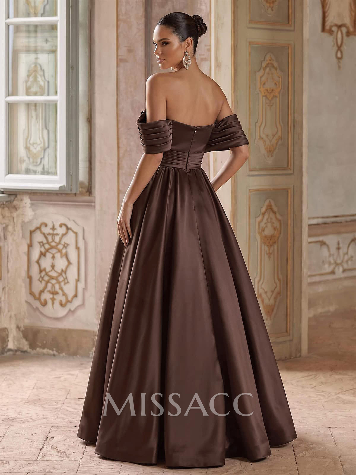 A-Line Off-The-Shoulder Sleeveless Floor-Length Satin Evening Dresses With Pleated