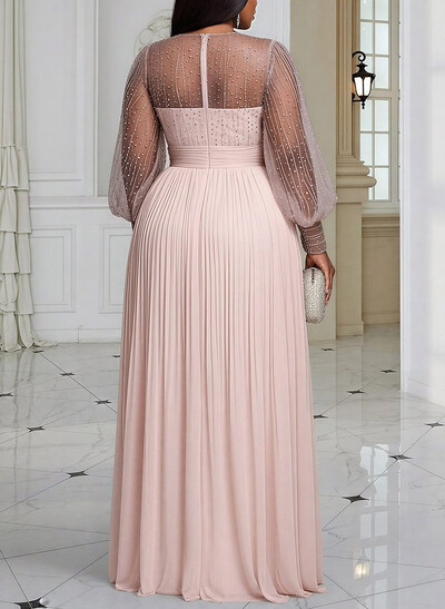 Elegant Illusion Neck Long Sleeves A-Line Floor-Length Chiffon Evening Dresses With Pleated/High Split