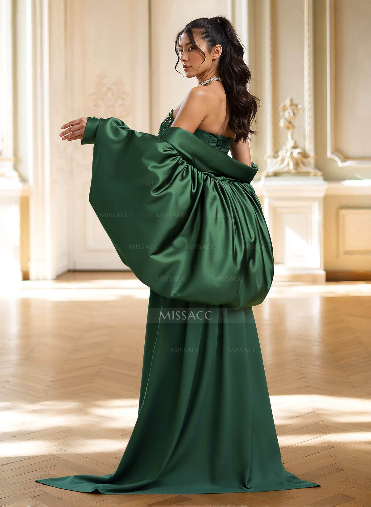 Sheath/Column Sweep Train Crepe Satin Evening Dresses With High Split