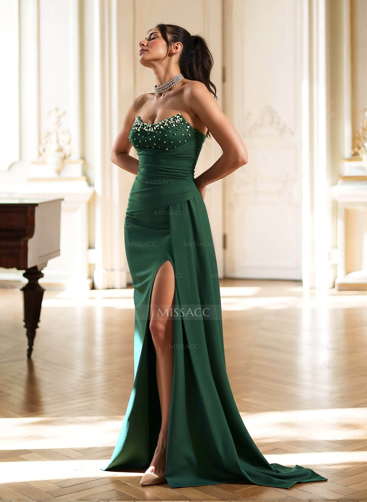 Sheath/Column Sweep Train Crepe Satin Evening Dresses With High Split