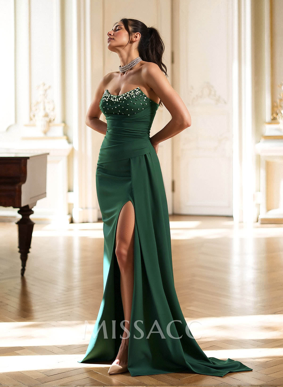 Sheath/Column Sweep Train Crepe Satin Evening Dresses With High Split