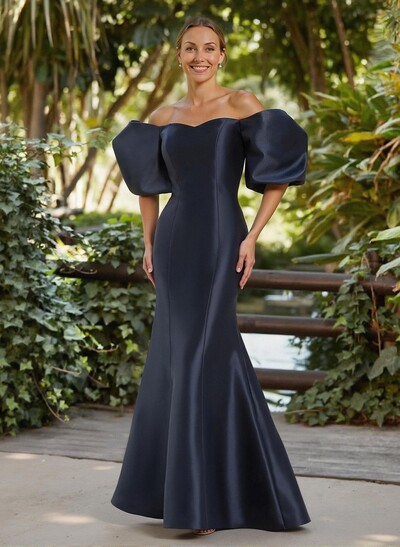 Trumpet/Mermaid Off-The-Shoulder Short Sleeves Floor-Length Twill Satin Evening Dresses