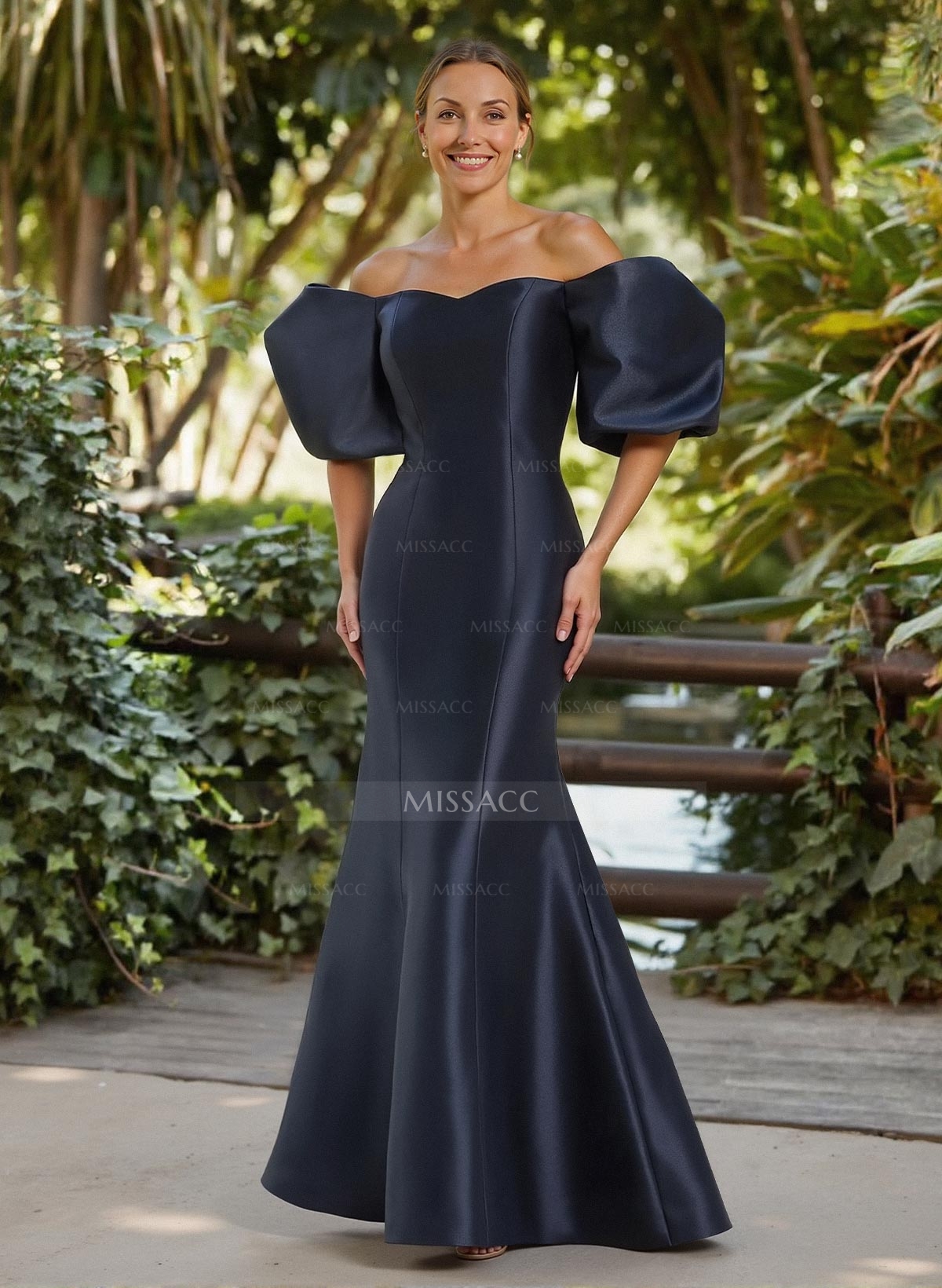 Trumpet/Mermaid Off-The-Shoulder Short Sleeves Floor-Length Twill Satin Evening Dresses