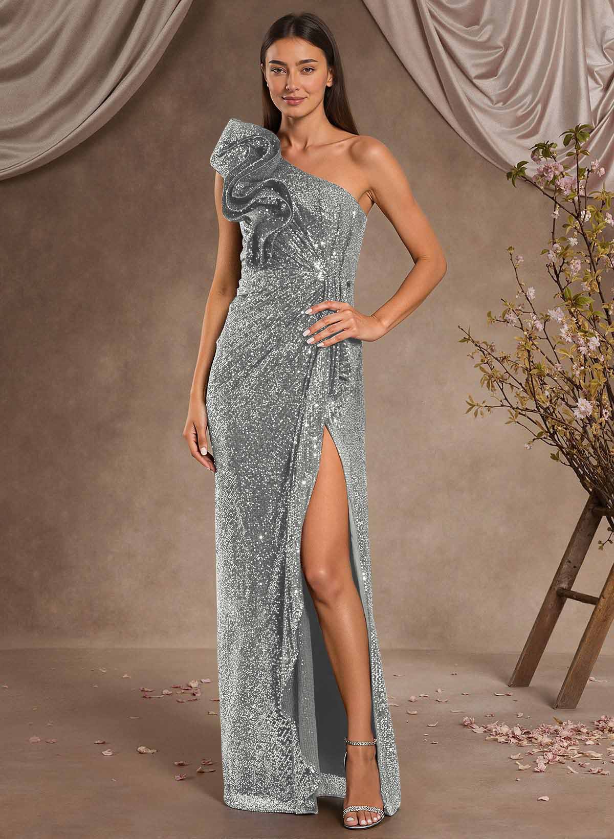 Sheath/Column One-Shoulder Sleeveless Floor-Length Sequined Evening Dresses With High Split