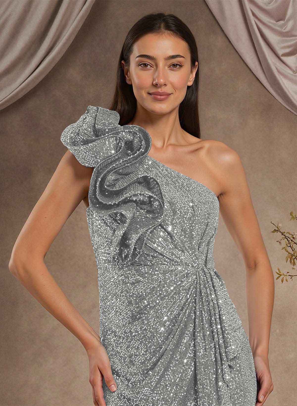 Sheath/Column One-Shoulder Sleeveless Floor-Length Sequined Evening Dresses With High Split