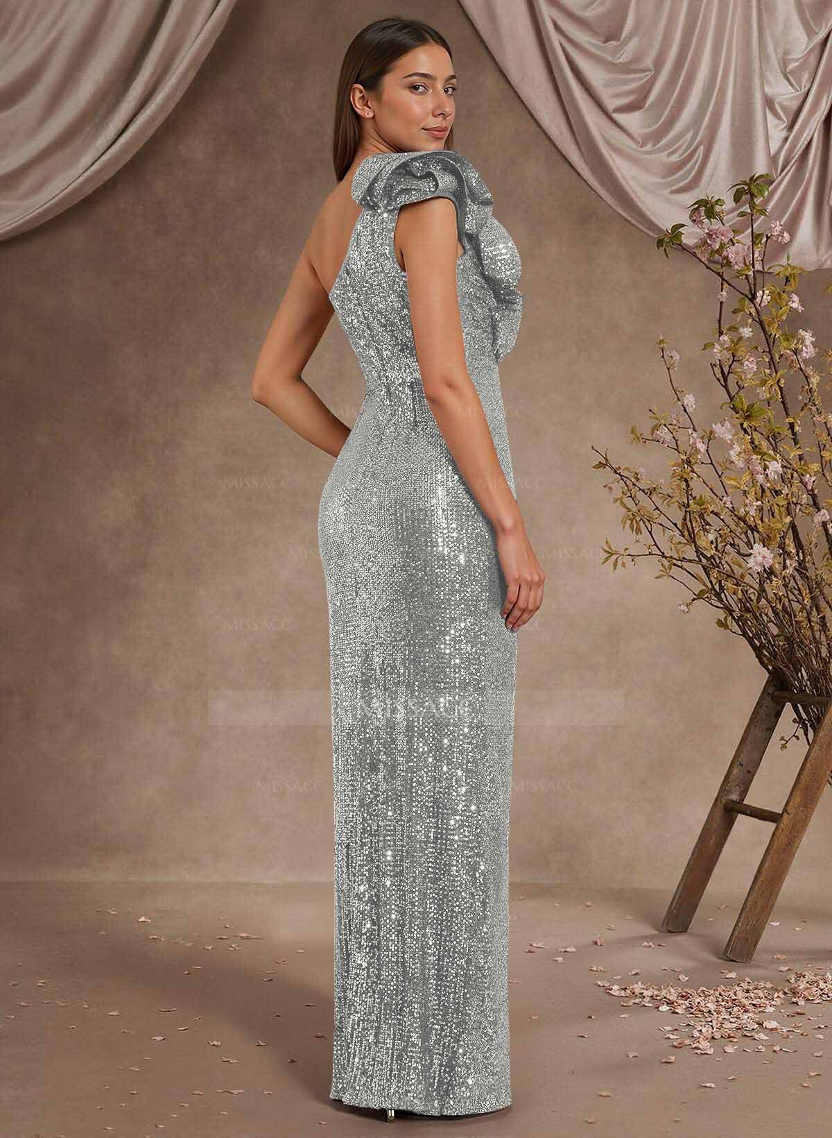 Sheath/Column One-Shoulder Sleeveless Floor-Length Sequined Evening Dresses With High Split