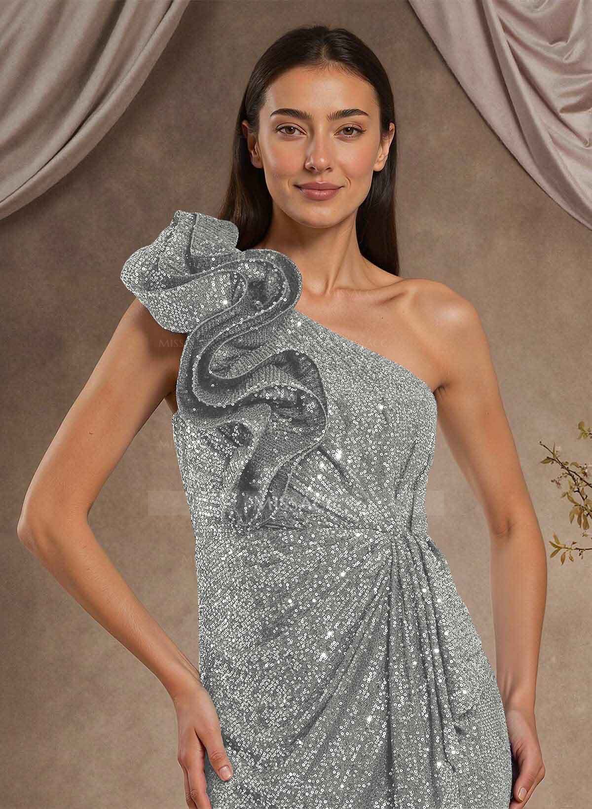 Sheath/Column One-Shoulder Sleeveless Floor-Length Sequined Evening Dresses With High Split