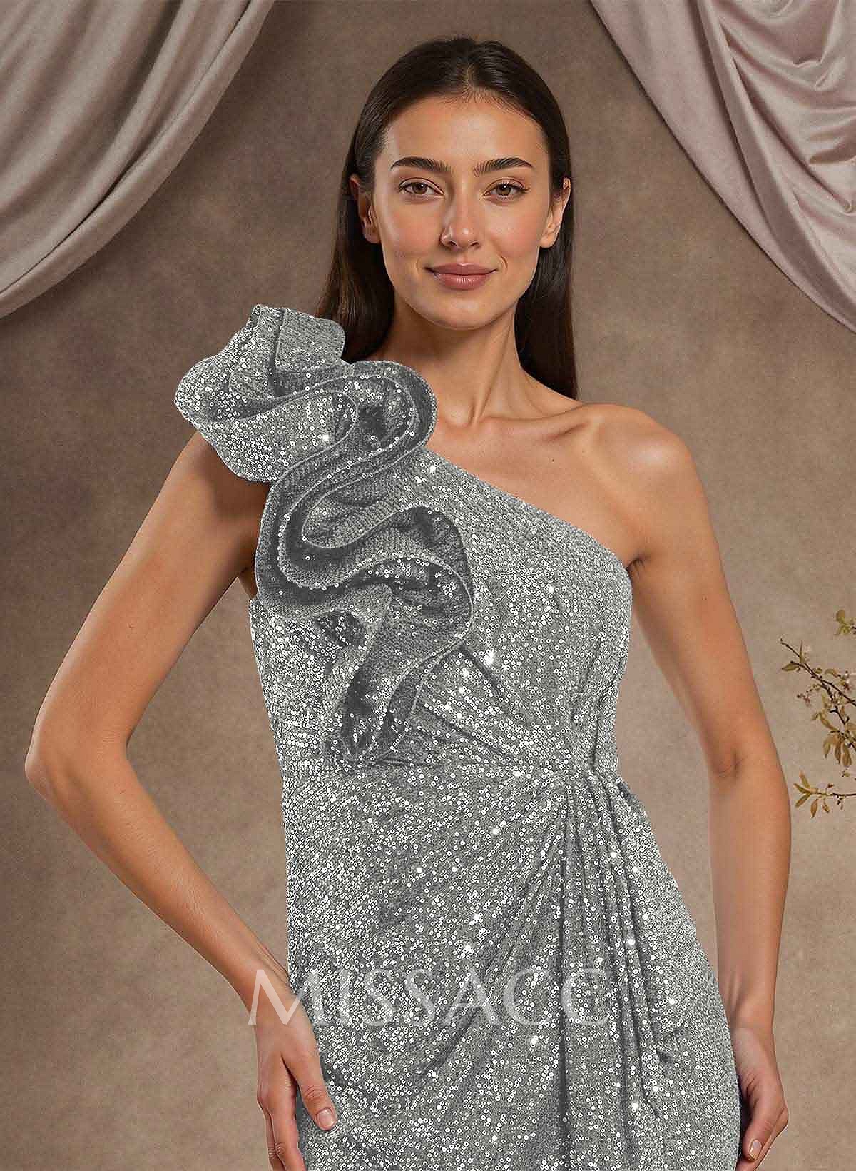 Sheath/Column One-Shoulder Sleeveless Floor-Length Sequined Evening Dresses With High Split
