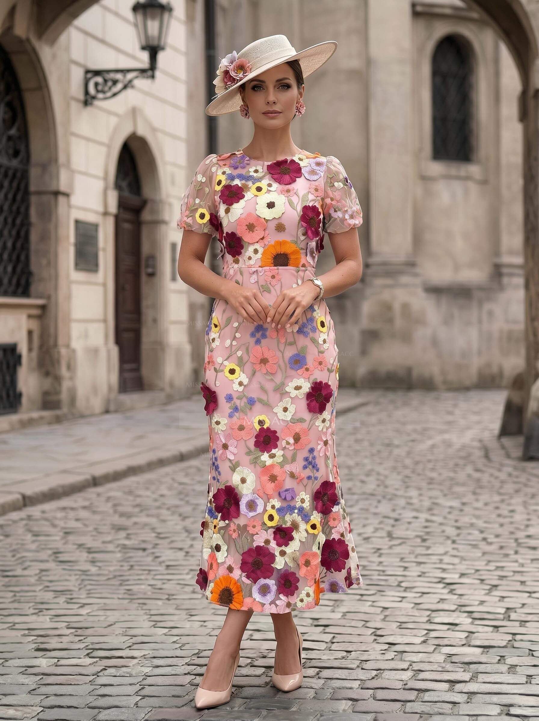 Sheath/Column Scoop Neck Short Sleeves Ankle-Length Evening Dresses With Appliques Lace/Flower(s)