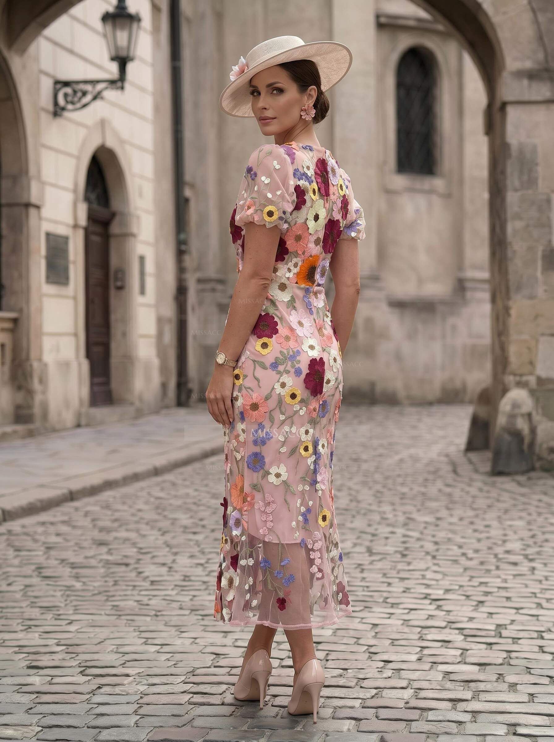Sheath/Column Scoop Neck Short Sleeves Ankle-Length Evening Dresses With Appliques Lace/Flower(s)