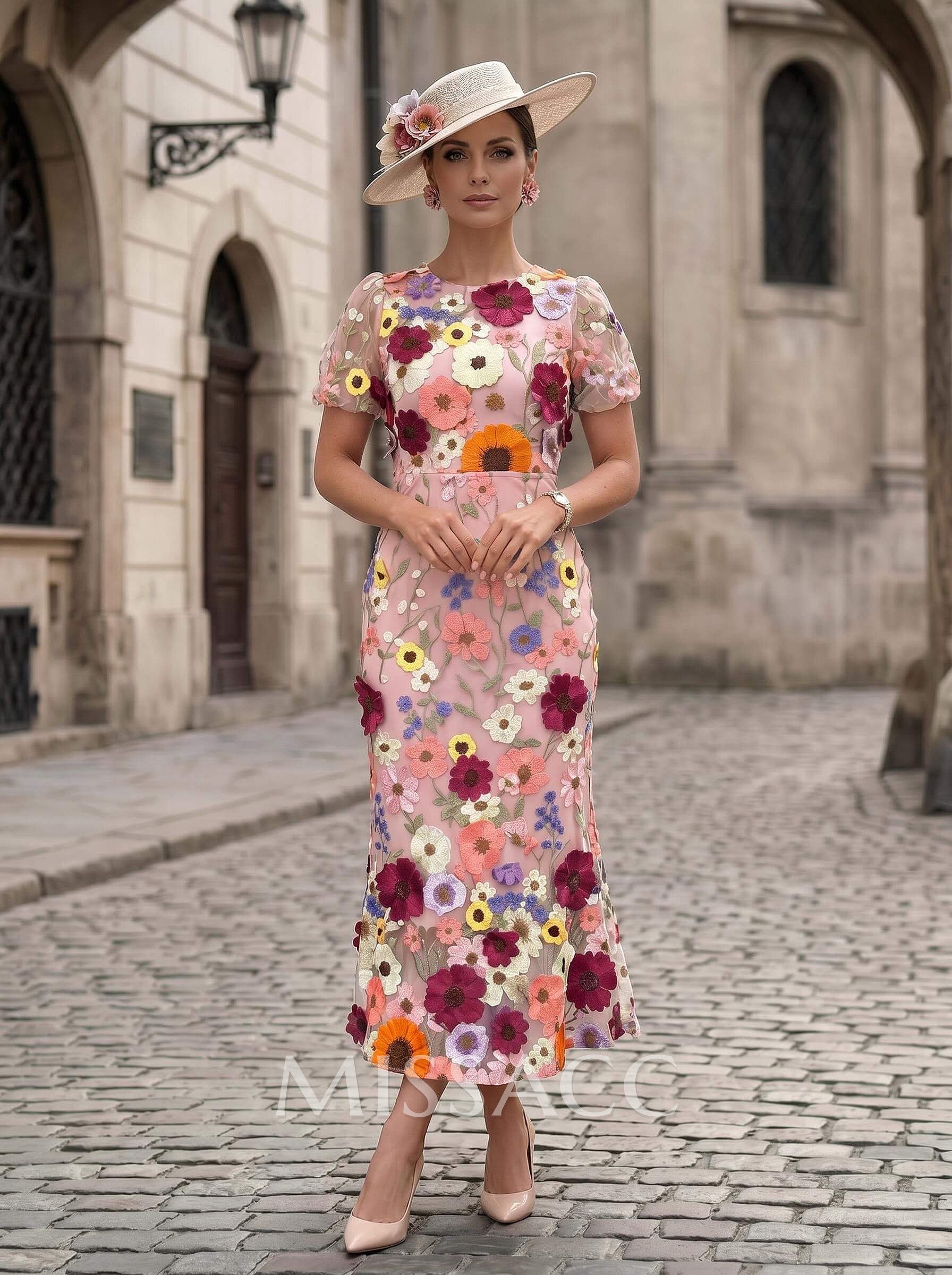 Sheath/Column Scoop Neck Short Sleeves Ankle-Length Evening Dresses With Appliques Lace/Flower(s)