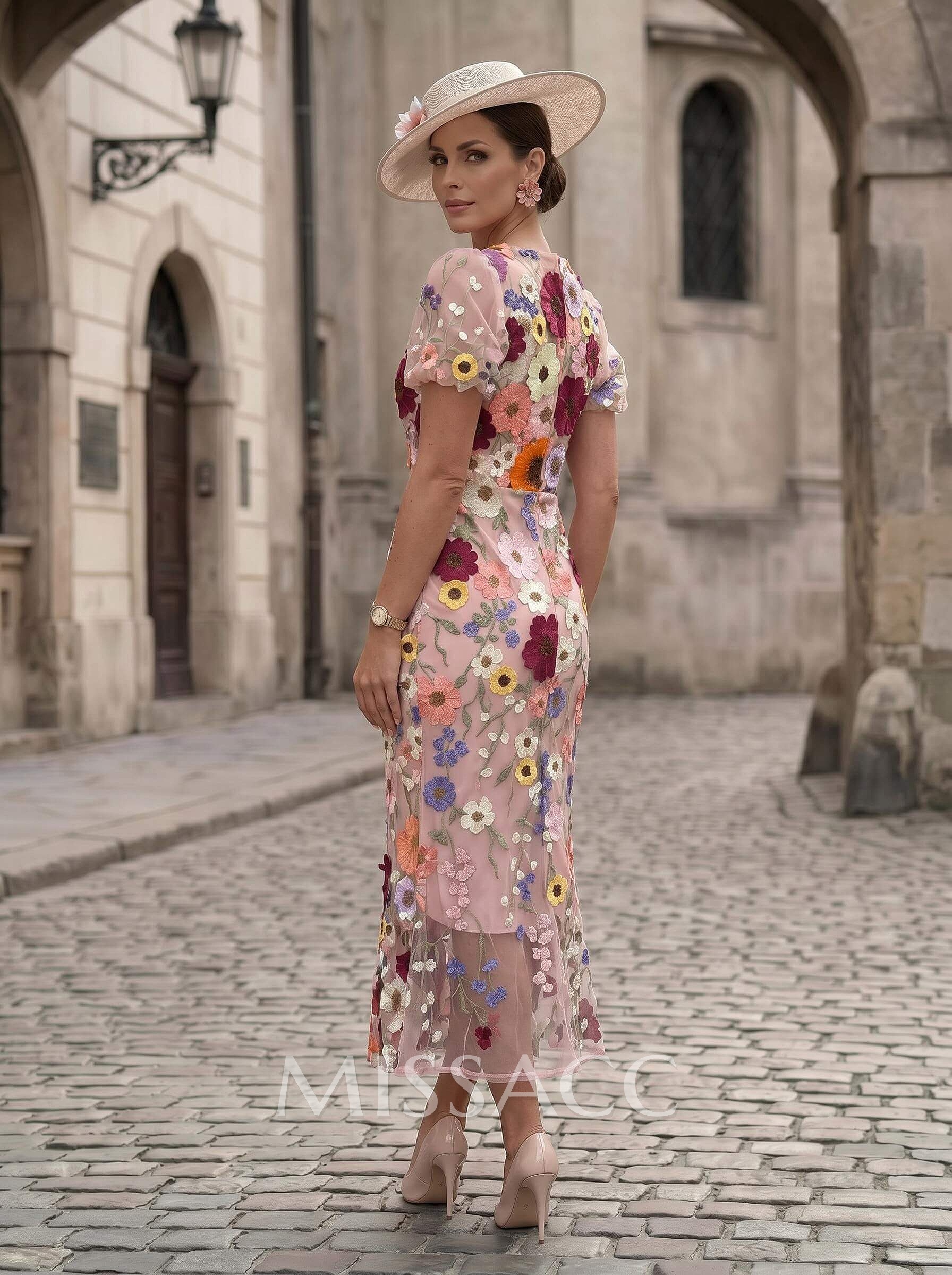 Sheath/Column Scoop Neck Short Sleeves Ankle-Length Evening Dresses With Appliques Lace/Flower(s)