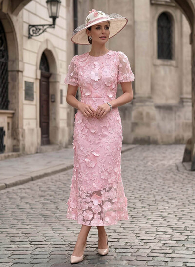 Sheath/Column Scoop Neck Short Sleeves Ankle-Length Evening Dresses With Appliques Lace