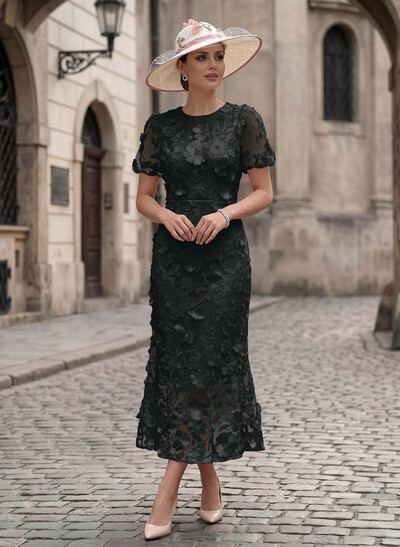 Sheath/Column Scoop Neck Short Sleeves Ankle-Length Evening Dresses With Appliques Lace