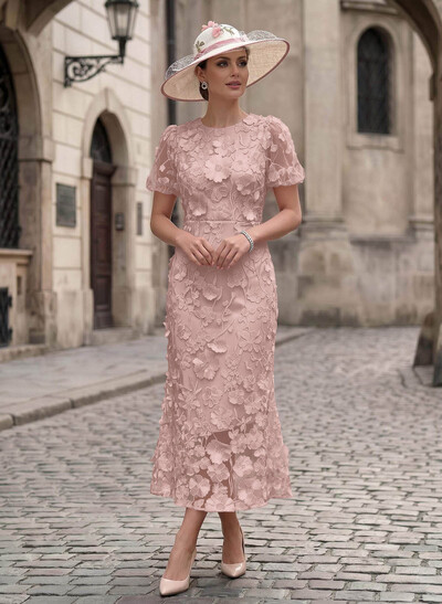 Sheath/Column Scoop Neck Short Sleeves Ankle-Length Evening Dresses With Appliques Lace