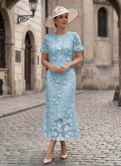 Sheath/Column Scoop Neck Short Sleeves Ankle-Length Evening Dresses With Appliques Lace
