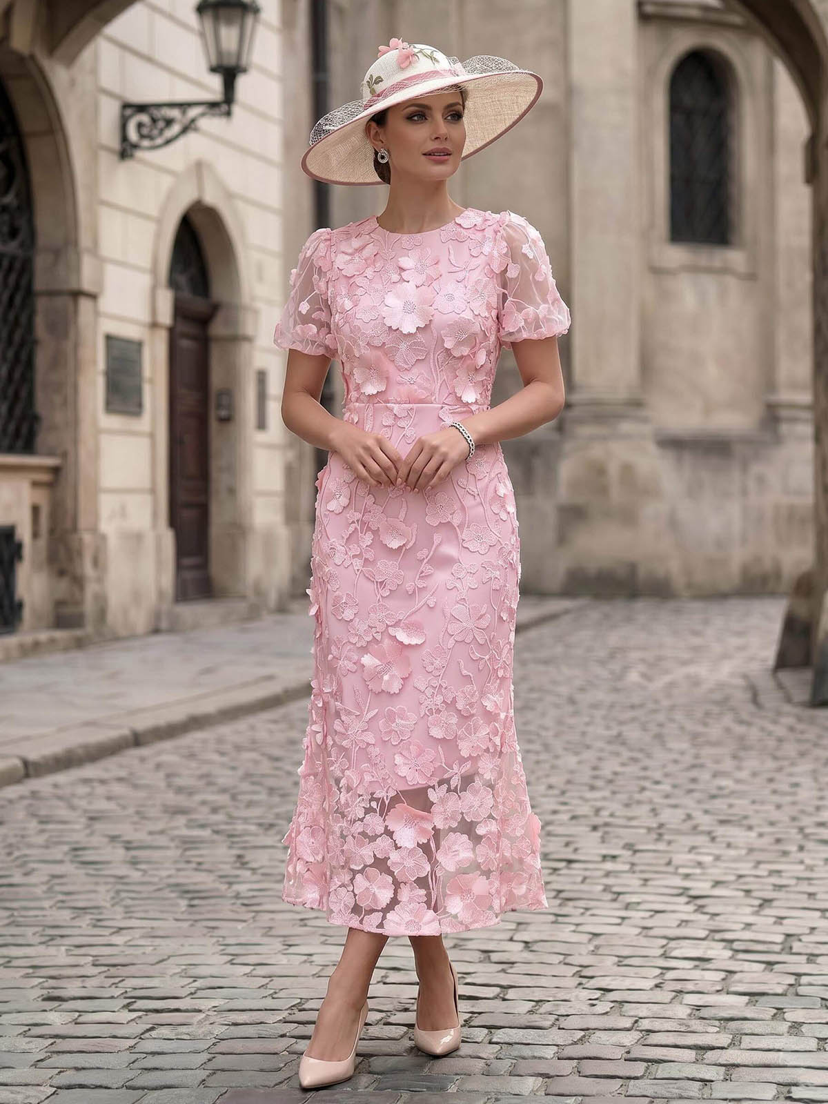 Sheath/Column Scoop Neck Short Sleeves Ankle-Length Evening Dresses With Appliques Lace