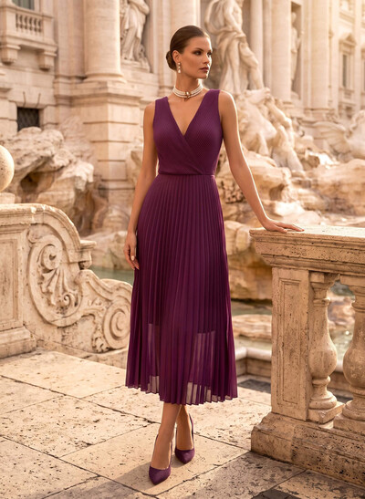 A-Line V-Neck Sleeveless Ankle-Length Chiffon Cocktail Dresses With Pleated