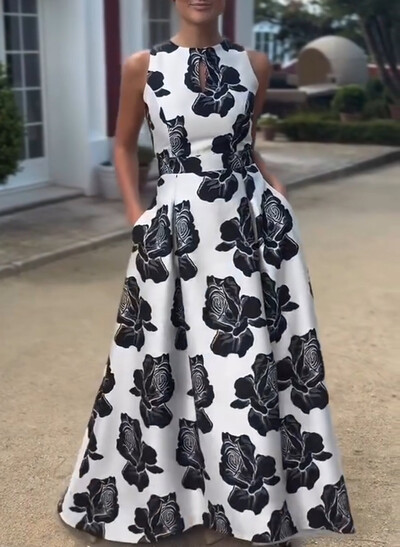 Elegant Scoop Neck Sleeveless A-Line Asymmetrical Length Satin Evening Dresses With Pockets/Flower(s)
