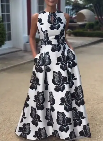 Elegant Scoop Neck Sleeveless A-Line Asymmetrical Length Satin Evening Dresses With Floral-Print/Pockets