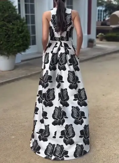 Elegant Scoop Neck Sleeveless A-Line Asymmetrical Length Satin Evening Dresses With Floral-Print/Pockets