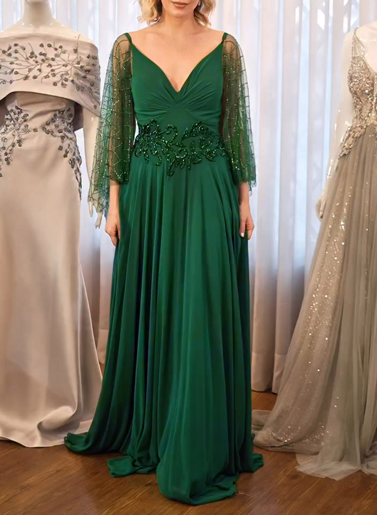 Elegant V-Neck Cape Sleeves A-Line Sweep Train Chiffon Evening Dresses With Sequins/Lace