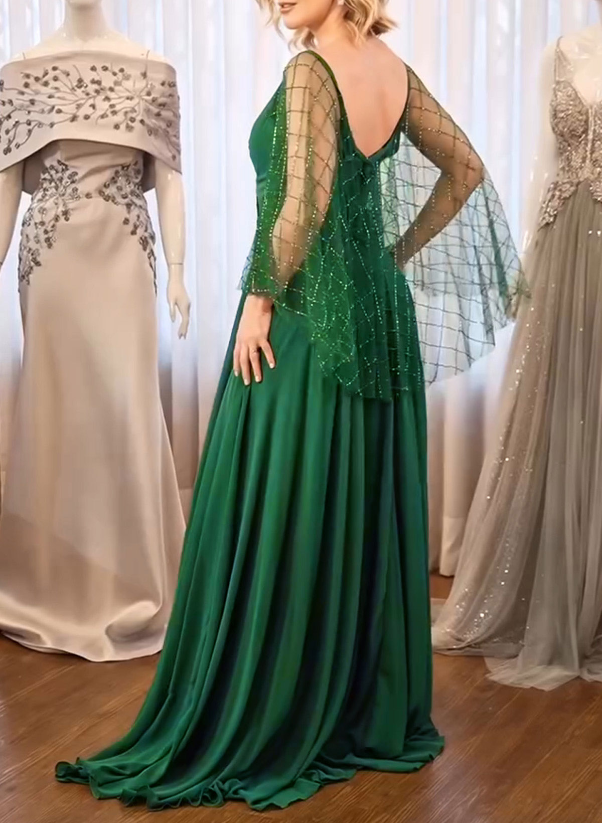 Elegant V-Neck Cape Sleeves A-Line Sweep Train Chiffon Evening Dresses With Sequins/Lace