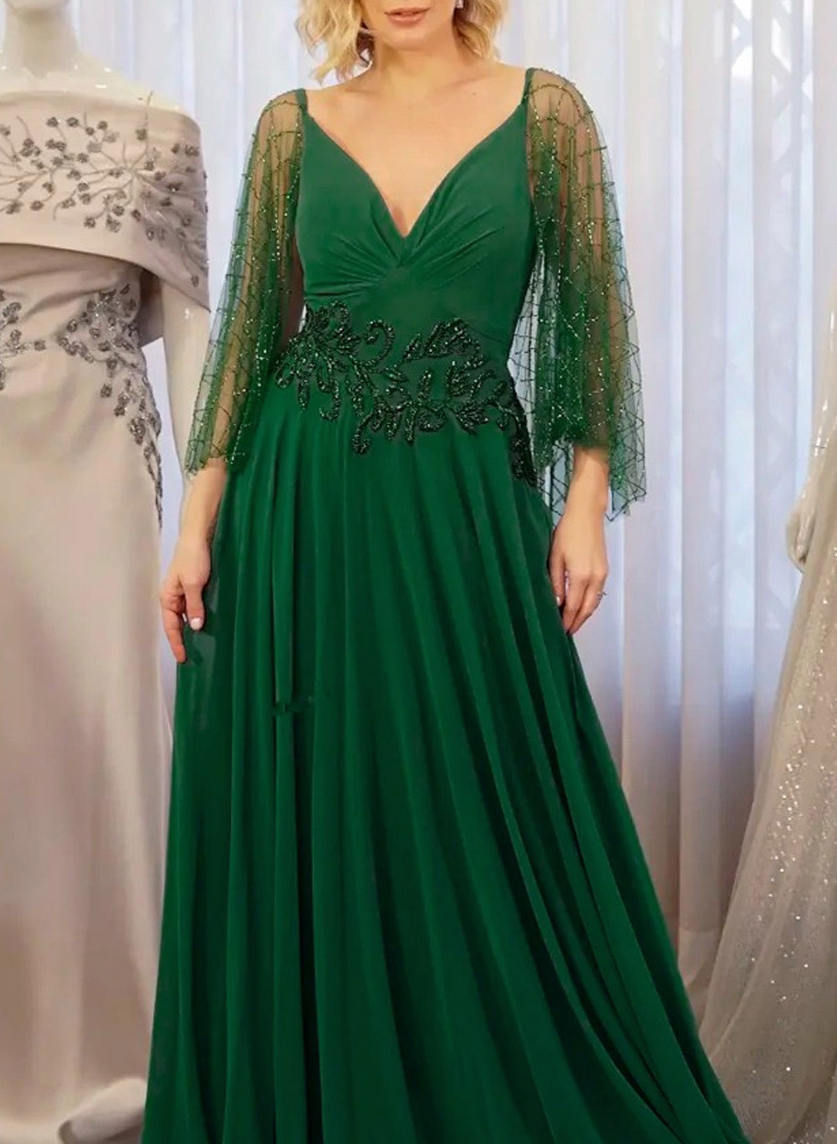 Elegant V-Neck Cape Sleeves A-Line Sweep Train Chiffon Evening Dresses With Sequins/Lace