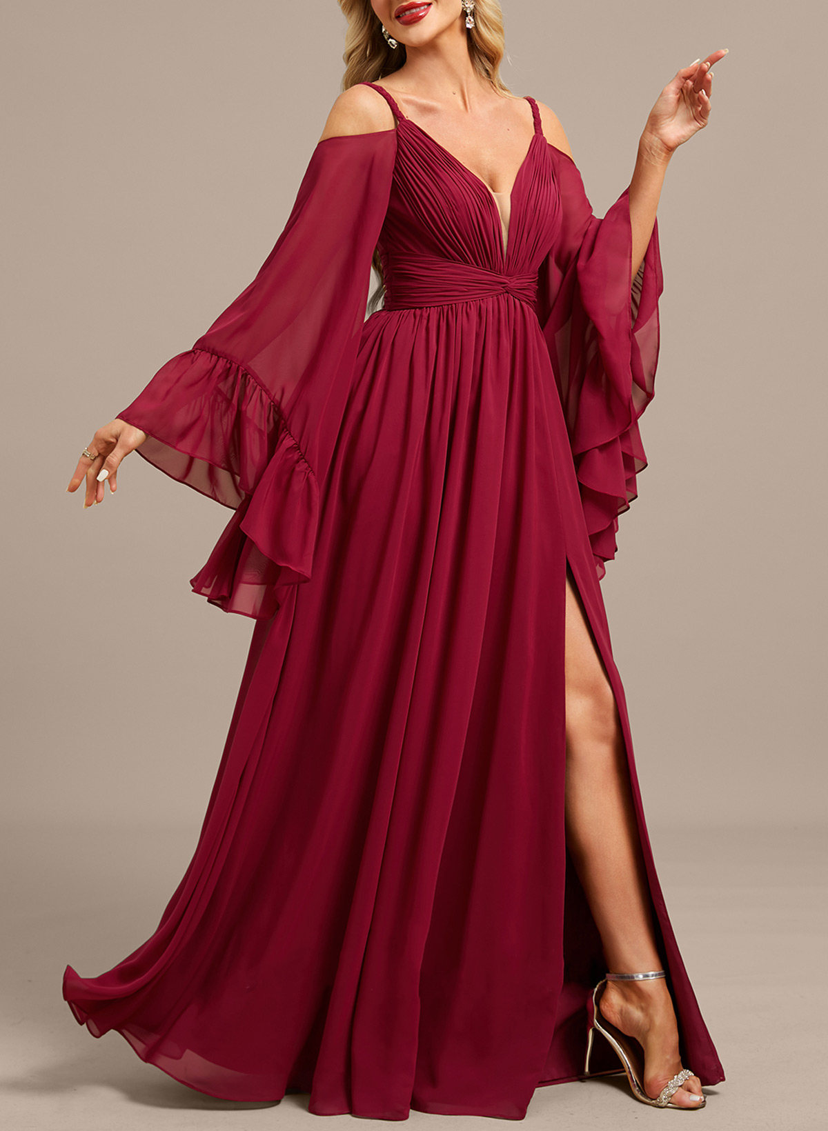 Elegant Plunge Neck Long Sleeves A-Line Floor-Length Chiffon Evening Dresses With Ruffle/High Split