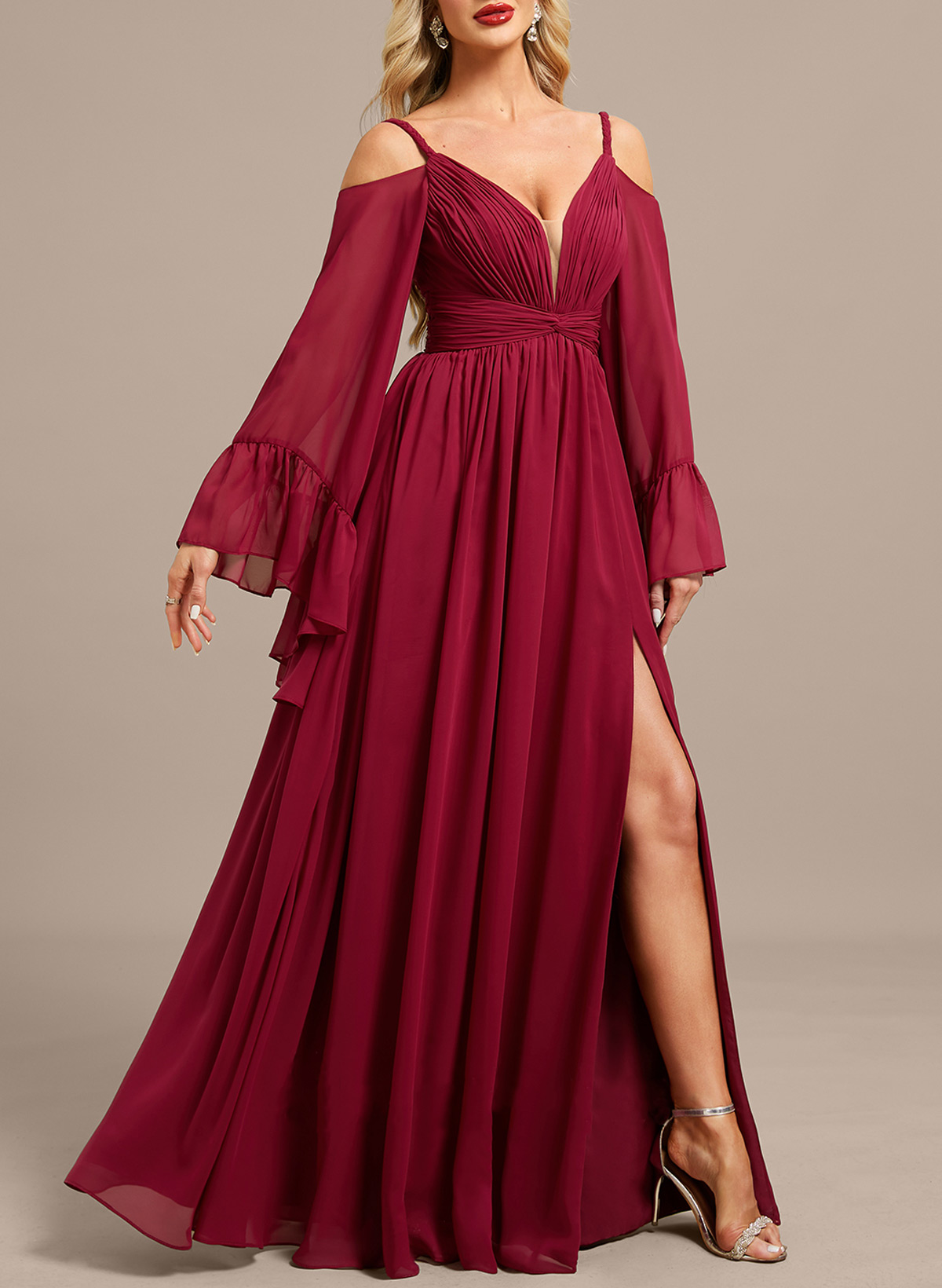 Elegant Plunge Neck Long Sleeves A-Line Floor-Length Chiffon Evening Dresses With Ruffle/High Split
