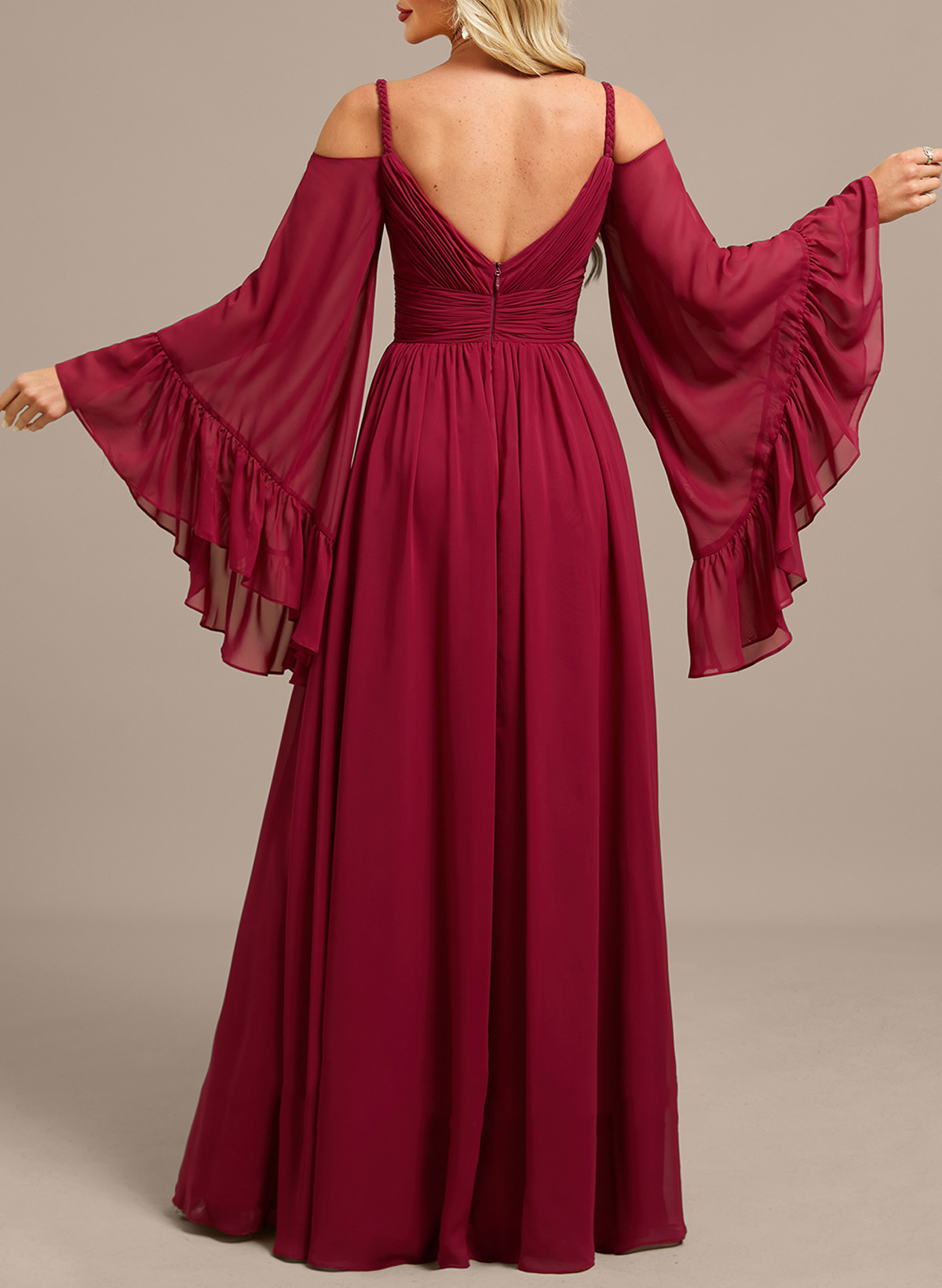 Elegant Plunge Neck Long Sleeves A-Line Floor-Length Chiffon Evening Dresses With Ruffle/High Split